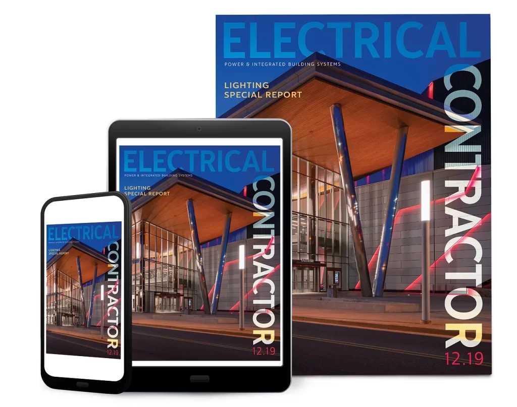 The cover of electrical contractor magazine with a phone and tablet.