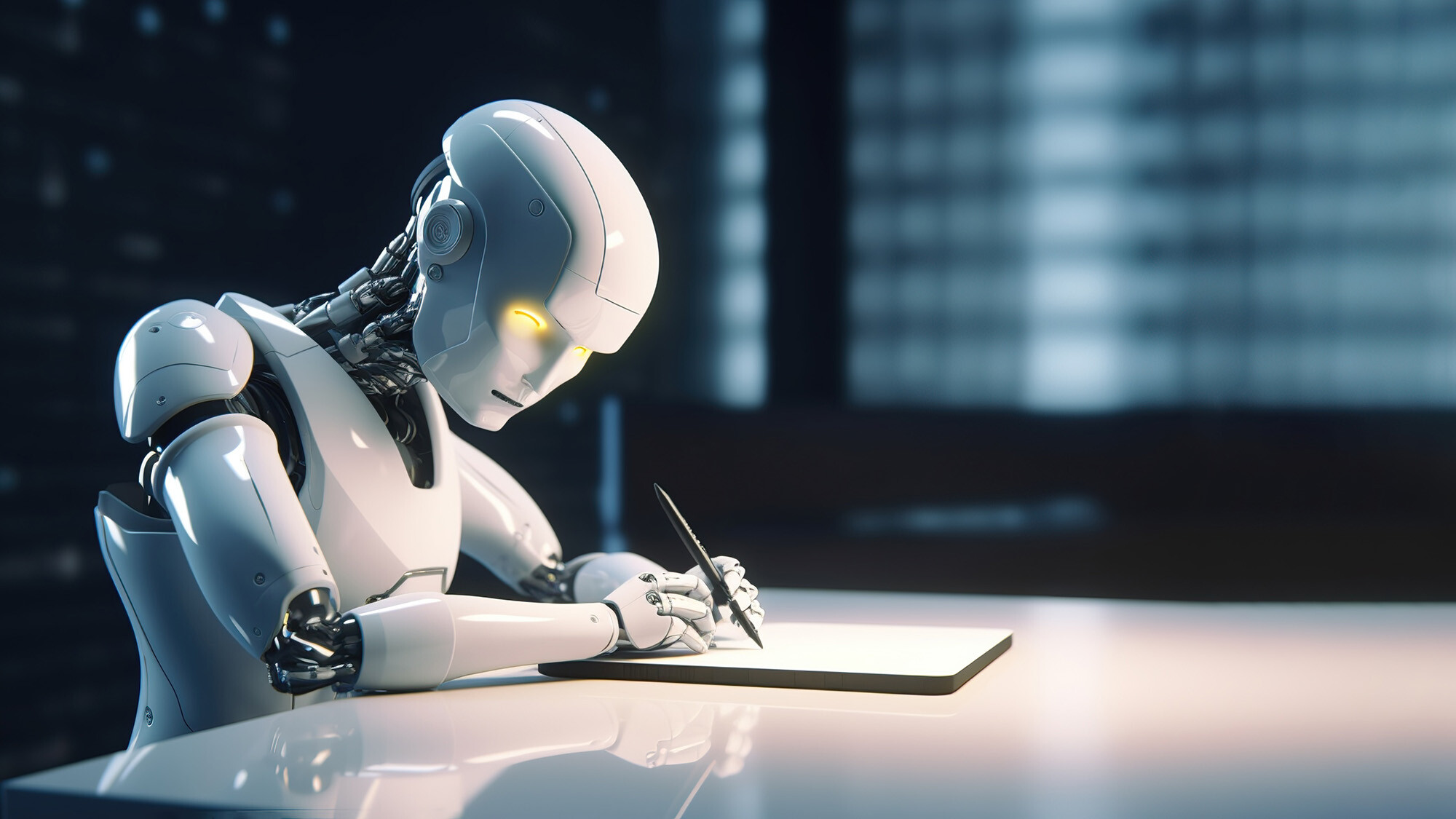 A ChatGPT robot is writing an editorial on a piece of paper.
