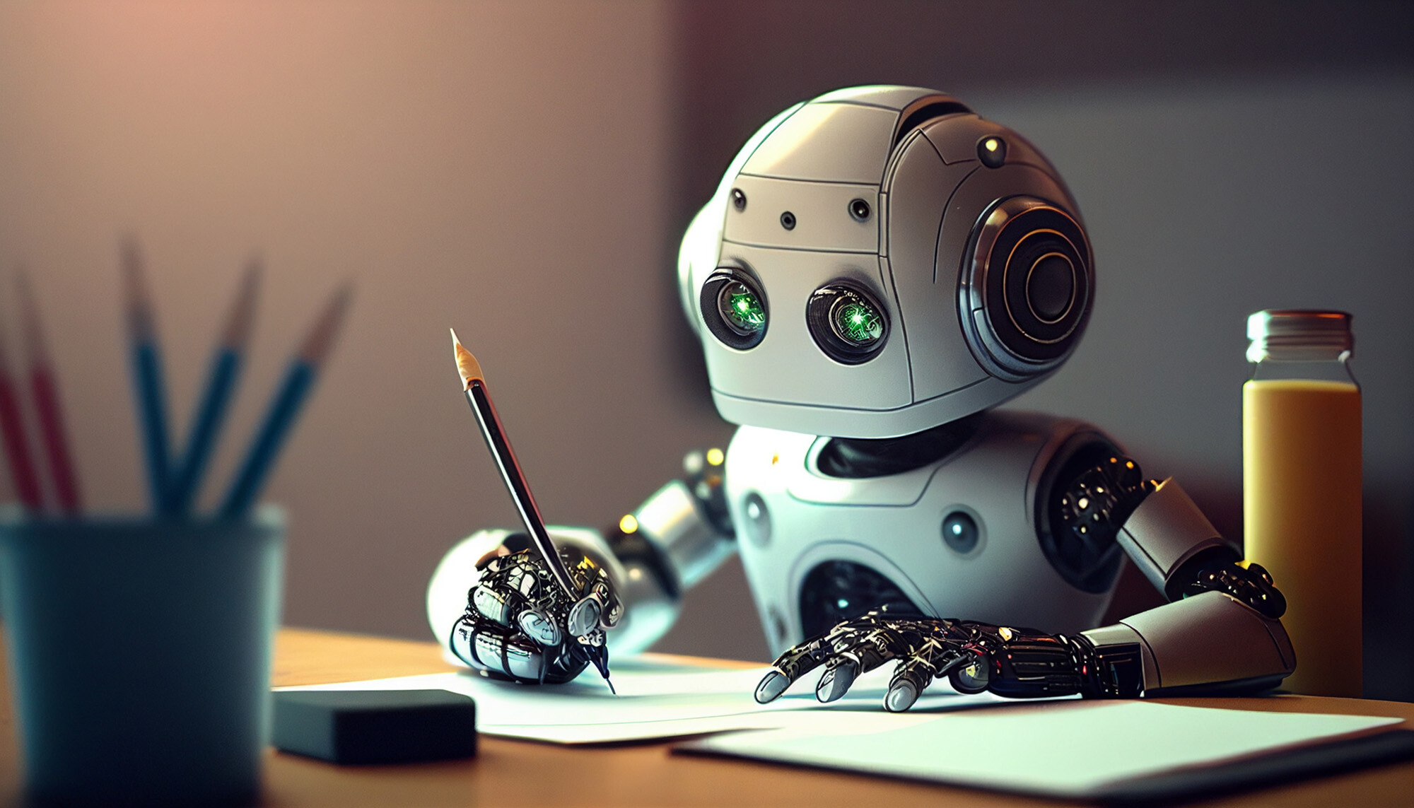 3D realistic illustration of a robot writing with a pencil. AI writer concept