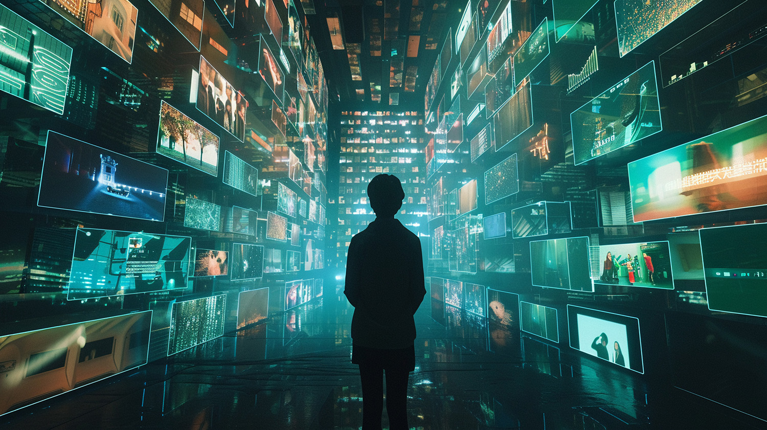 A person stands in a room surrounded by numerous screens displaying various images and data, evoking a sense of futuristic and high-tech visual storytelling.